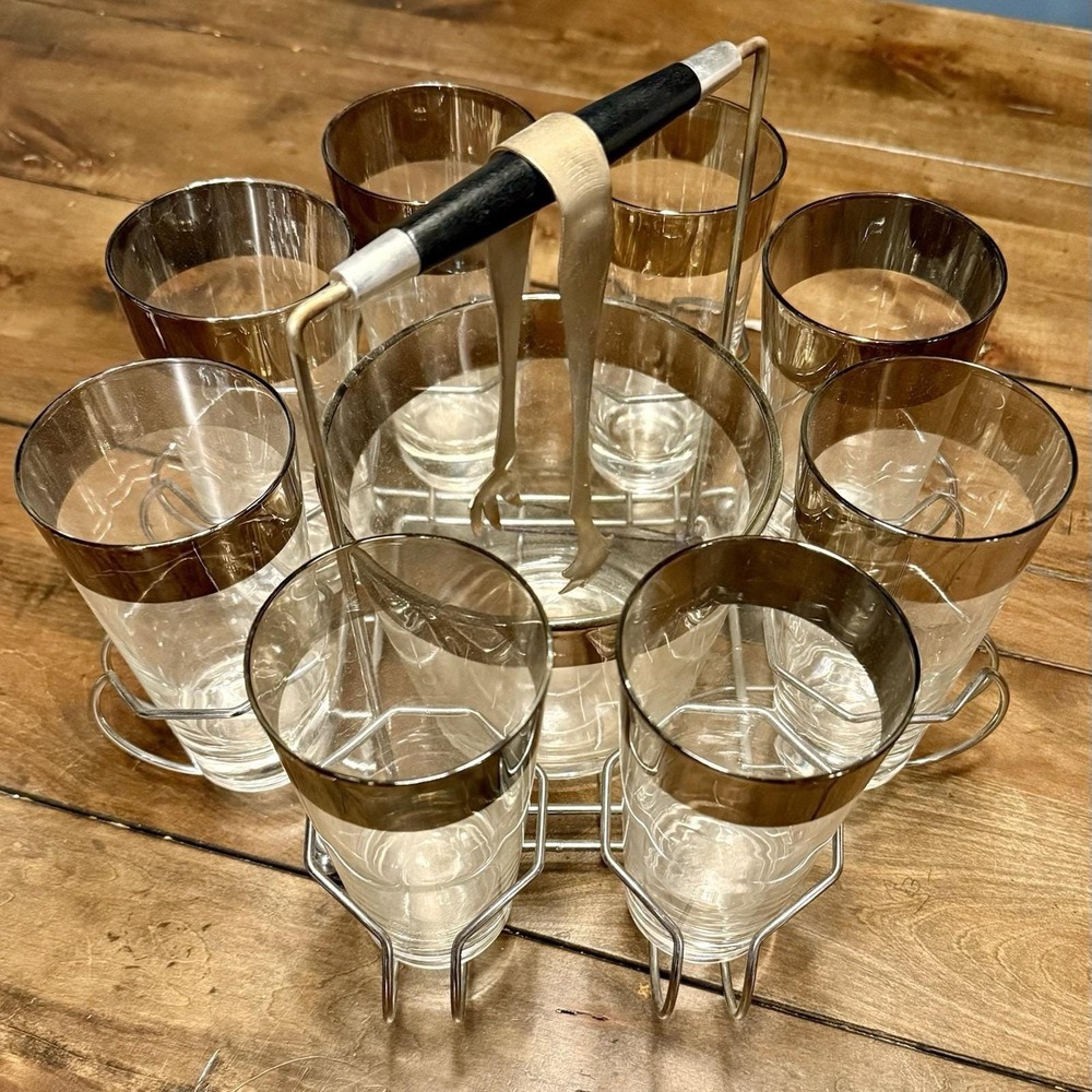 VTG 1960s 60s MCM Dorothy Thorpe Copper‎ Highball Glasses Caddy Ice Bucket Tongs